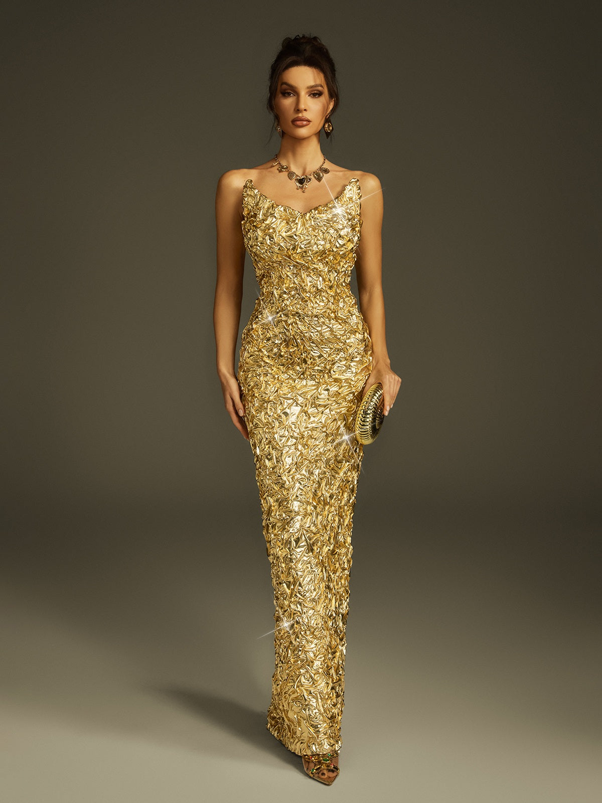 Strapless Sweetheart Crinkled Foil Mermaid Maxi Dress