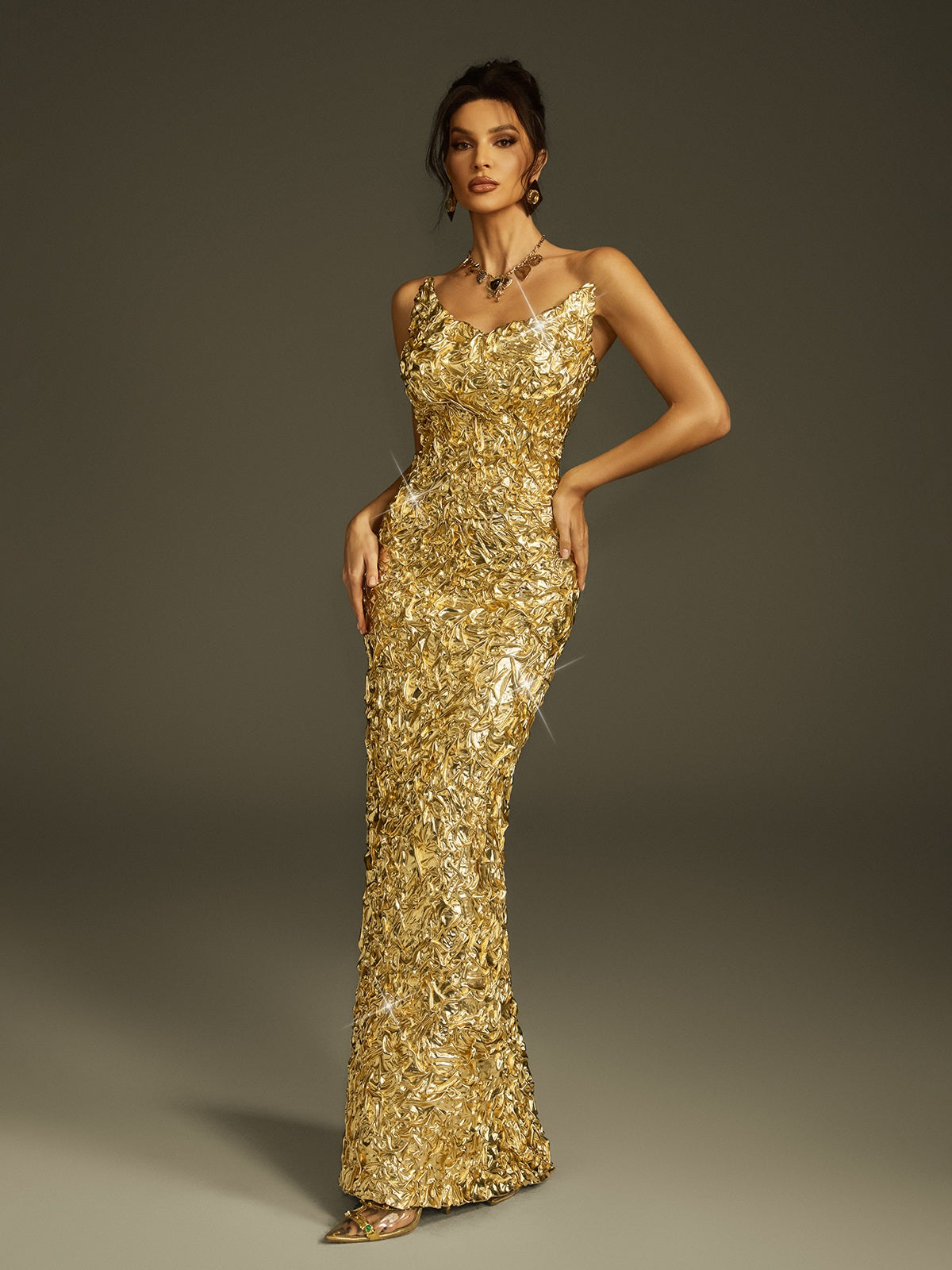 Strapless Sweetheart Crinkled Foil Mermaid Maxi Dress