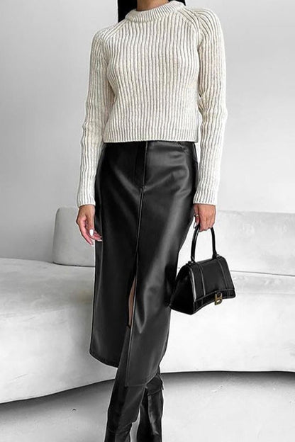 Faux Leather Fleece High-Slit Skirt