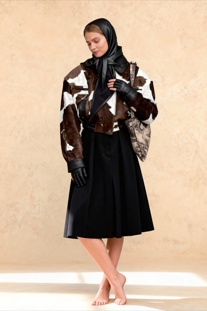 Cow Print Faux Leather Notch Collar Coat