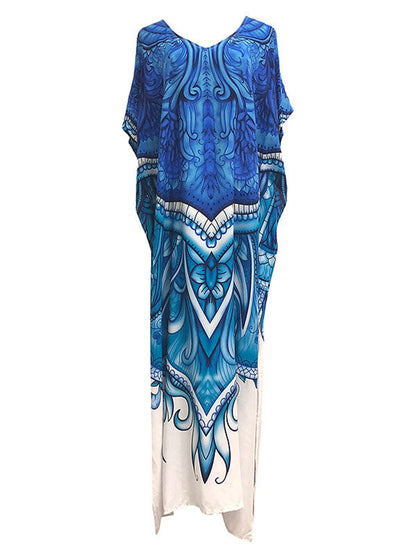 V Neck Kimono Sleeve Paisley Panel High Slit Maxi Dress