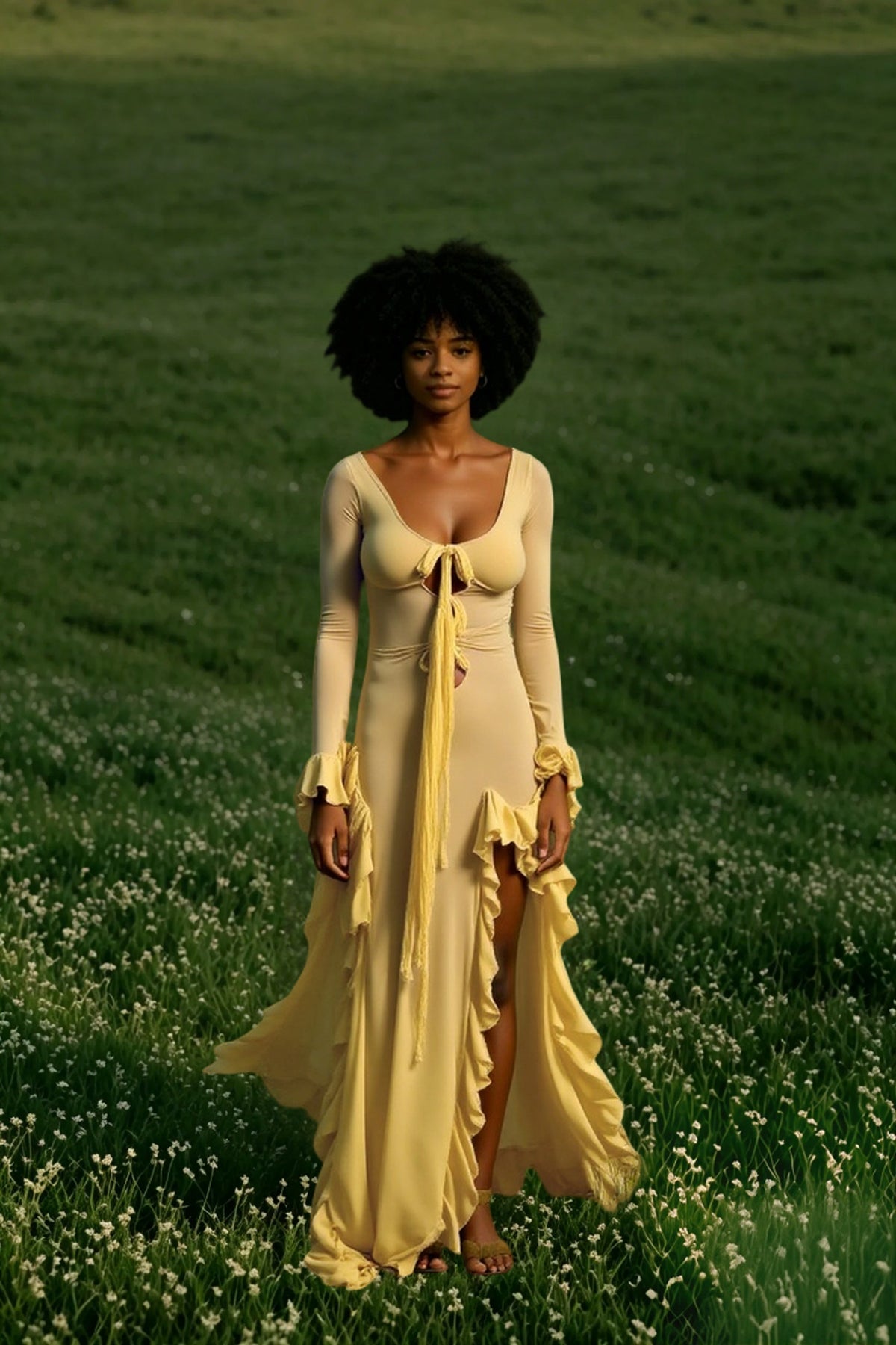 Scoop Neck Tie Front Bell Cuff Ruffle Slit Maxi Dress