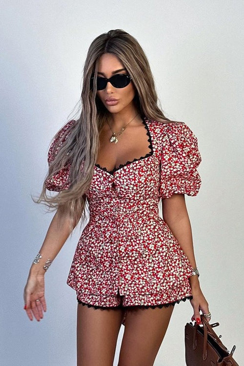 Puff Sleeve Floral Tie Two Piece Set