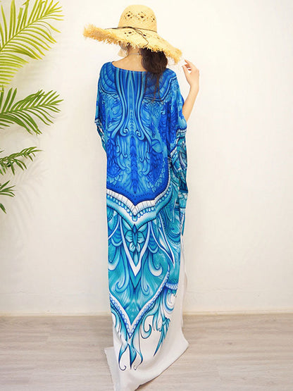 V Neck Kimono Sleeve Paisley Panel High Slit Maxi Dress