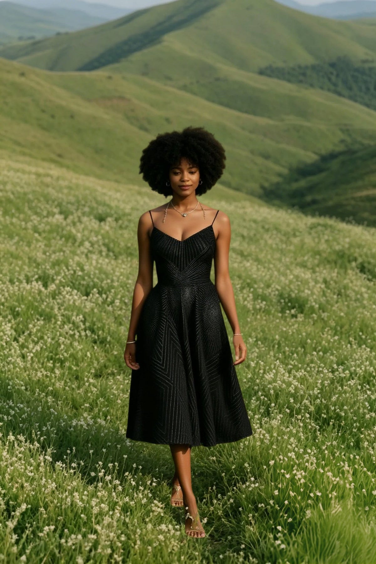 Spaghetti Strap Chevron Geometric Print Flared Skirt Midi Dress