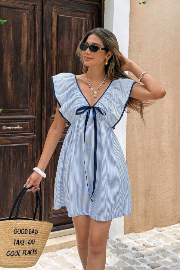 Striped V Neck Ruffle Flutter Sleeve Mini Dress