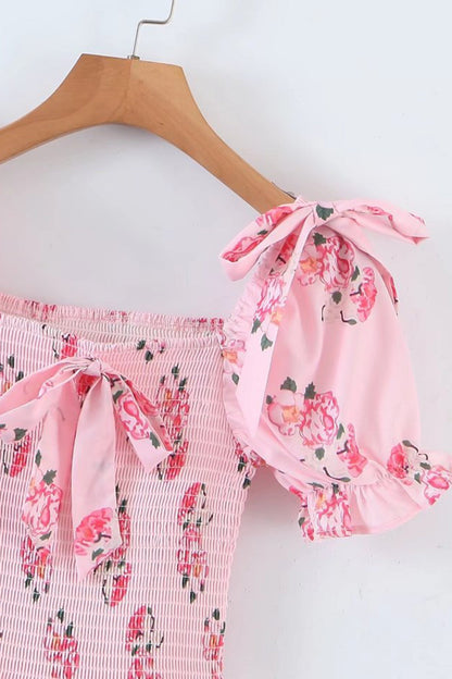 Floral Print Smocked Square Neck Tie-Shoulder Tiered Ruffle Mini Dress