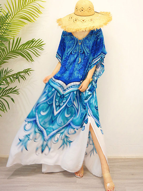 V Neck Kimono Sleeve Paisley Panel High Slit Maxi Dress