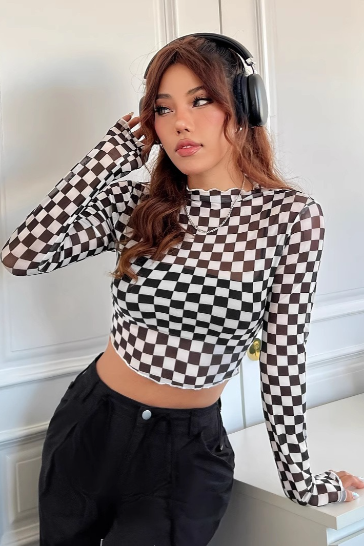 Checkerboard Mesh Mock Neck Slim Long Sleeve Crop Top