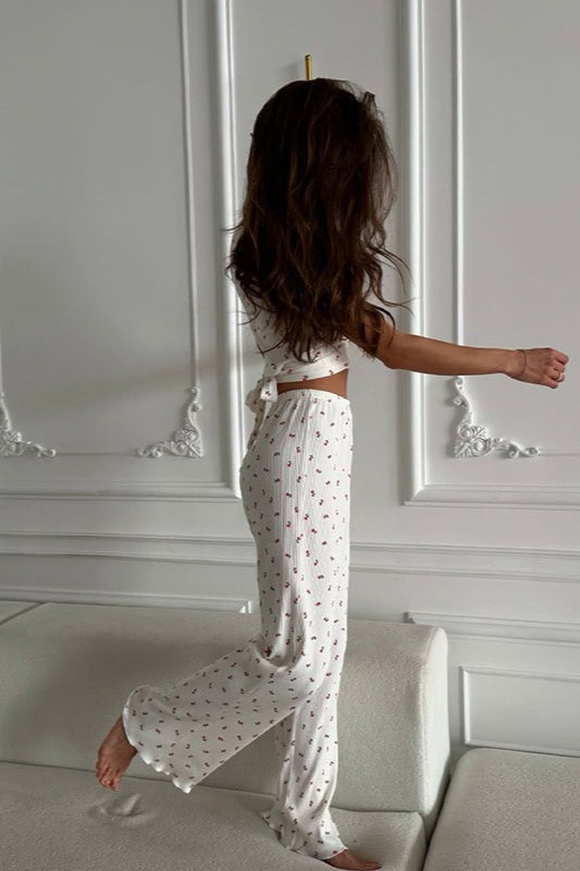 Floral Short Sleeve Top & Wide-Leg Pants Lounge Set