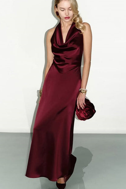 Satin Halter Neck Cowl Neck Bias Cut Bodycon Midi Dress