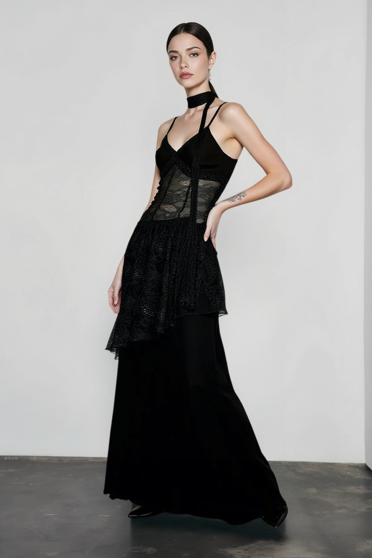 Lace Waist Sheer Overlay Tiered Scarf Neck Maxi Dress