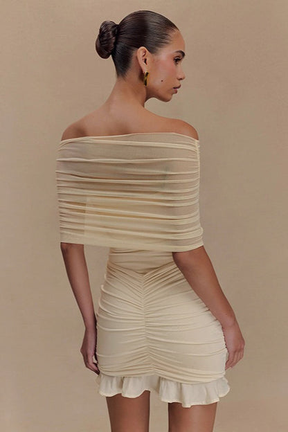 Ruched Ruffle Mesh Mini Dress