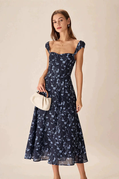 Elegant Vintage Slim Strap Printed Floral Dress