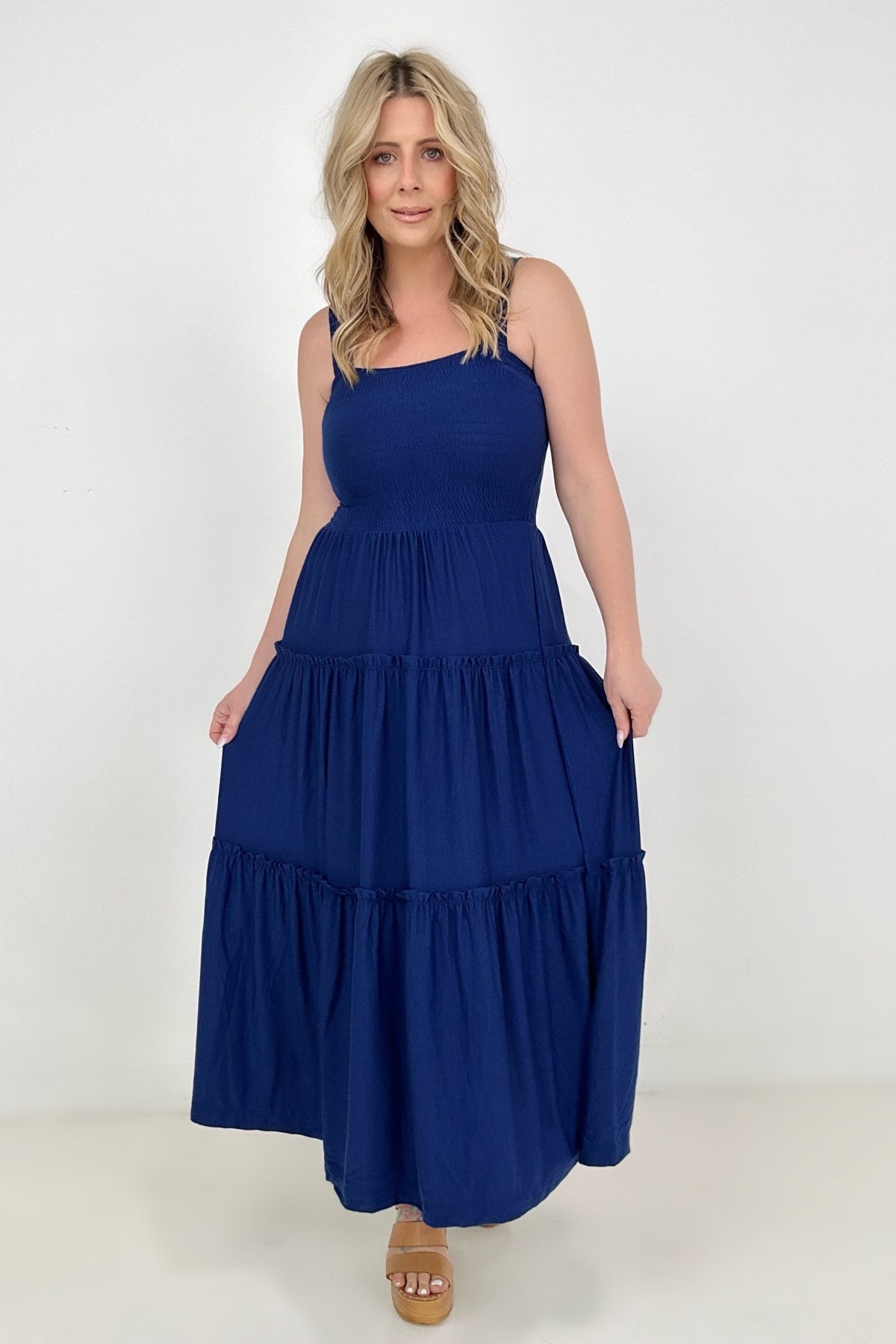 Square Neck Smocked Bodice Tiered Ruffle Maxi Dress