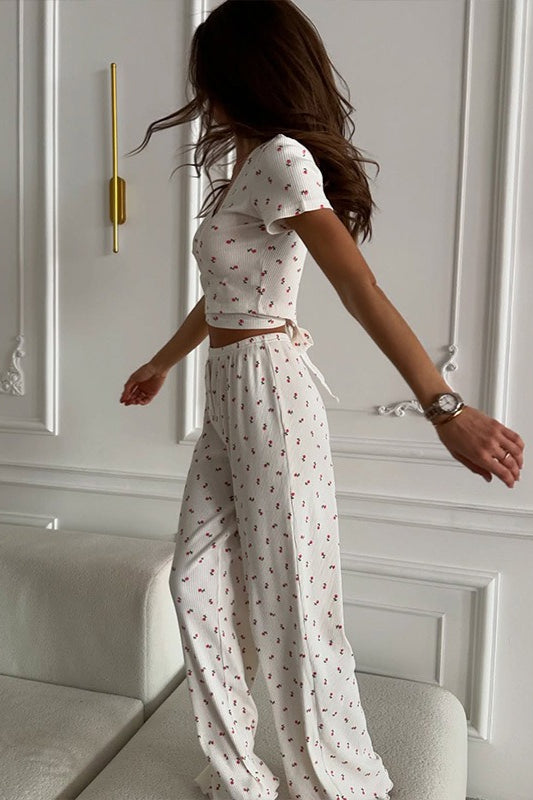 Floral Short Sleeve Top & Wide-Leg Pants Lounge Set