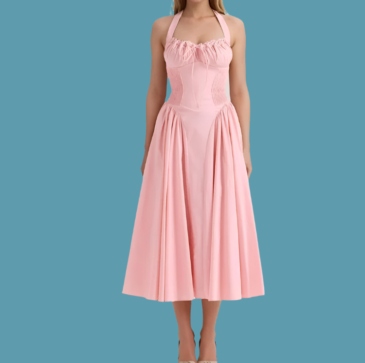 Halter Neck Lace Trim Corset Panel Pleated Fit and Flare Midi Dress