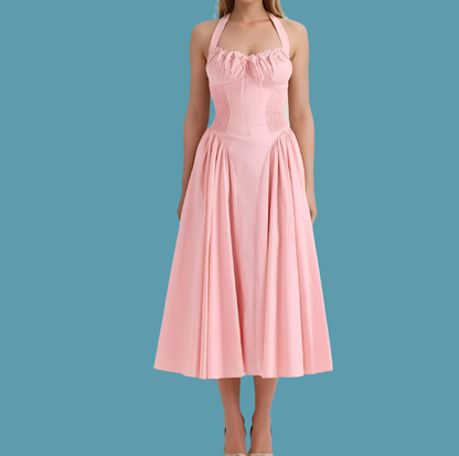 Halter Neck Lace Trim Corset Panel Pleated Fit and Flare Midi Dress