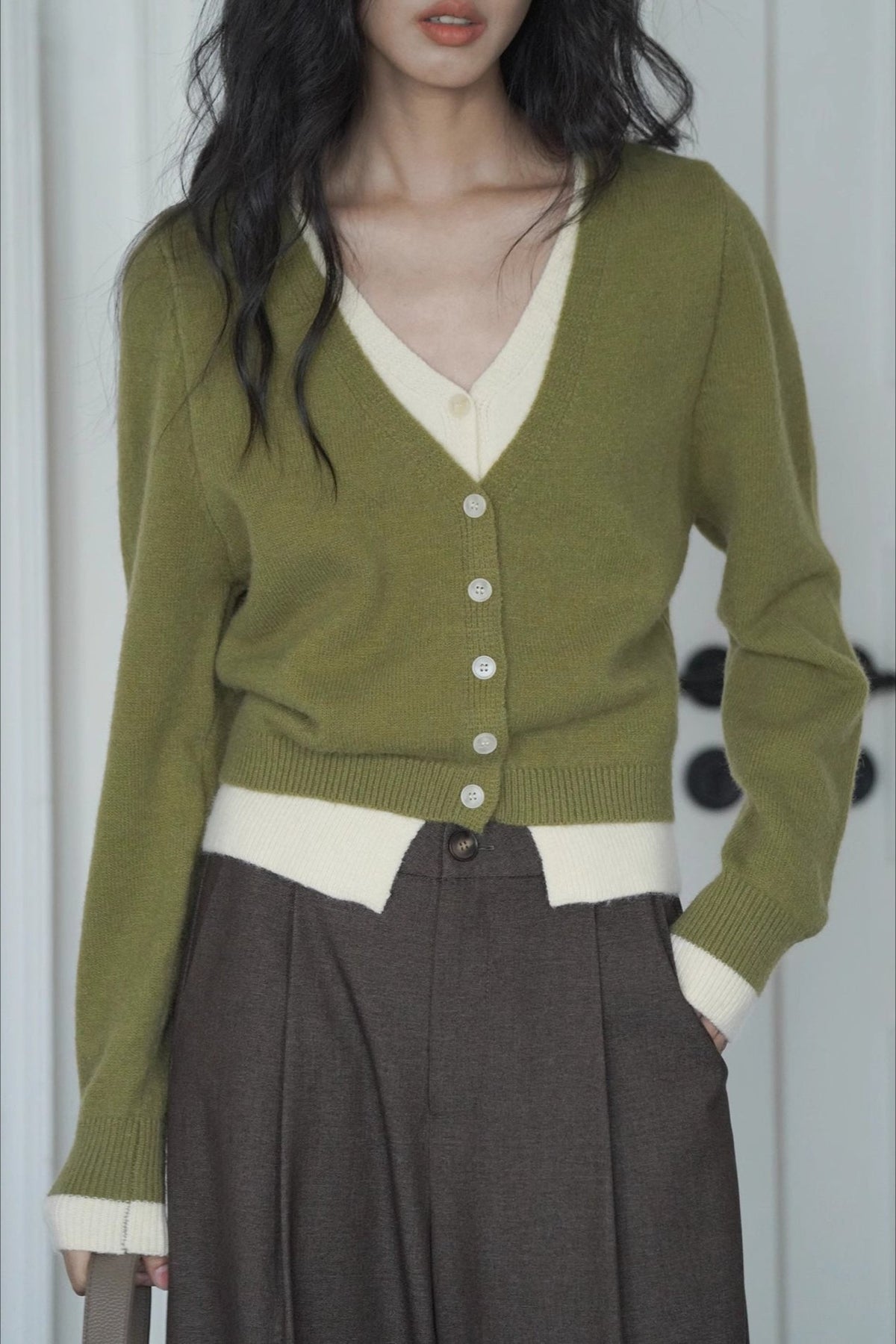 Green Two-Layer Knit Cardigan