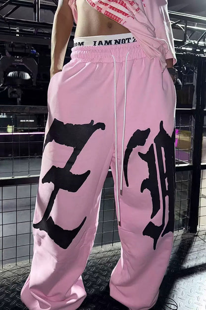 Drapey Letter Graphic Drawcord Curved Sweat Pants