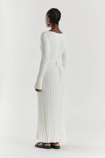 Rib Knit V-Neck Bell Sleeve Lettuce Hem Maxi Dress