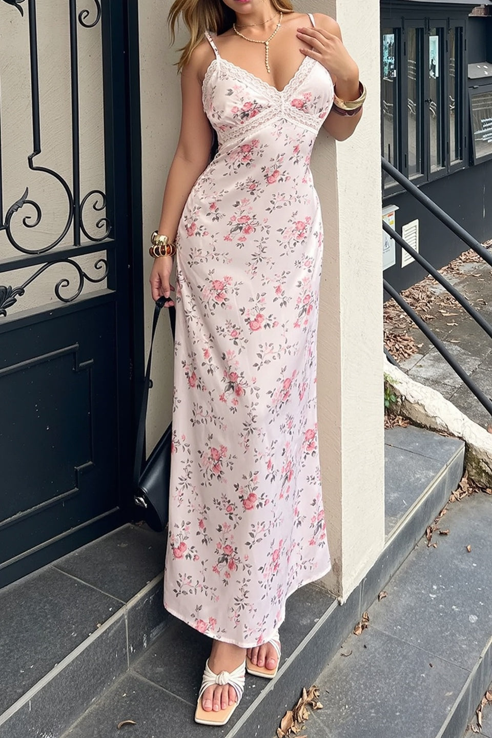 Deep V Neck Spaghetti Strap Lace Underbust Trim Floral Slip Midi Dress