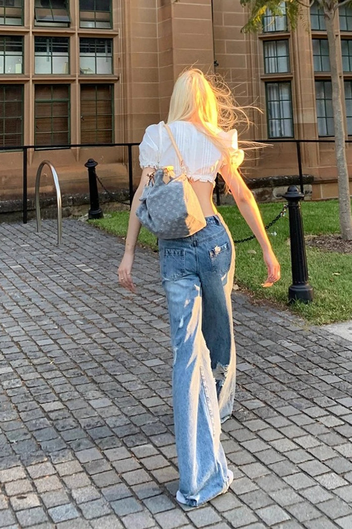 Street Style Ripped Loose Fit Wide-Leg Jeans