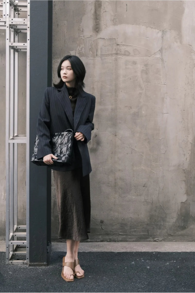 Shoulder-Padded Pinstripe Blazer