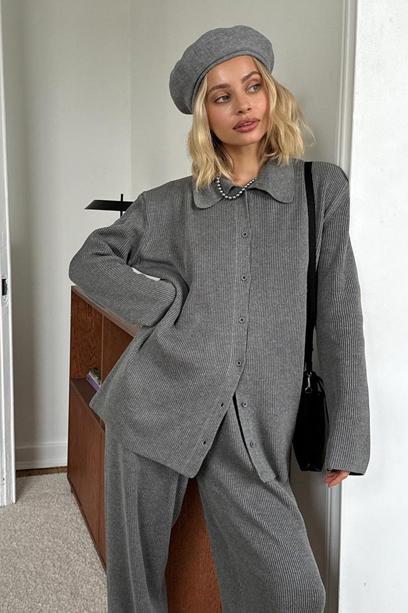 Knit Ribbed Collar Long Sleeve Loose Two Piece Set