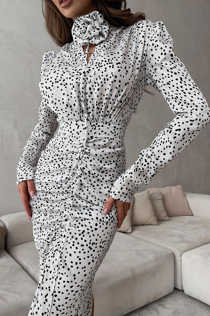 White Polka Dot Floral V-Neck Puff Sleeve Maxi Dress