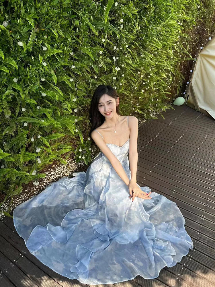 Evening Party Dress Summer Spaghetti Straps High Waist Ruffles Patchwork Print French Dresses Beach Holiday Fairy Long Dresses