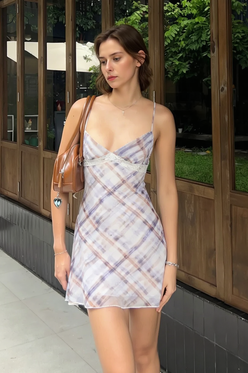 Plaid Mesh Lace Trim Empire Waist Spaghetti Strap Mini Slip Dress