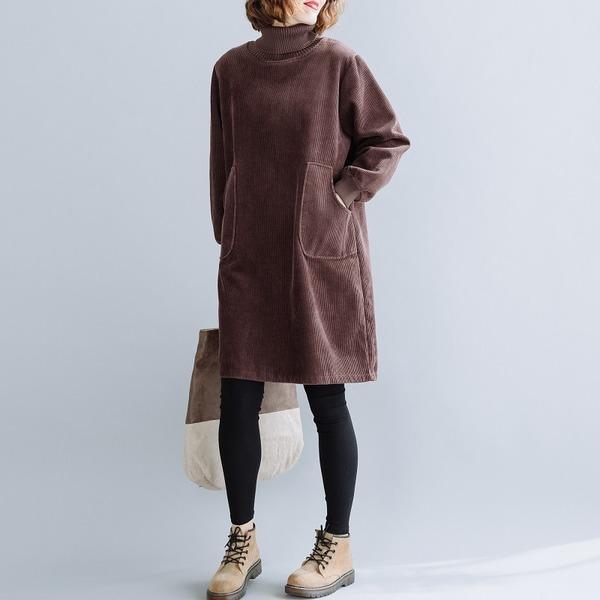 Corduroy Mock Neck Patch Pocket Ribbed Cuff Tunic Dress