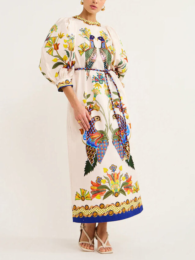 Bird Print Puff Sleeve Round Neck Tie-Waist Border Trim Midi Dress