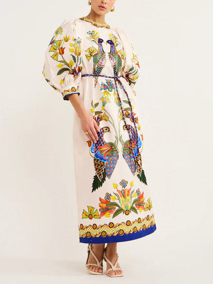 Bird Print Puff Sleeve Round Neck Tie-Waist Border Trim Midi Dress
