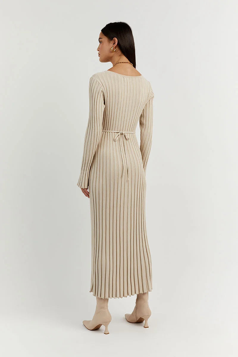 Rib Knit V-Neck Bell Sleeve Lettuce Hem Maxi Dress
