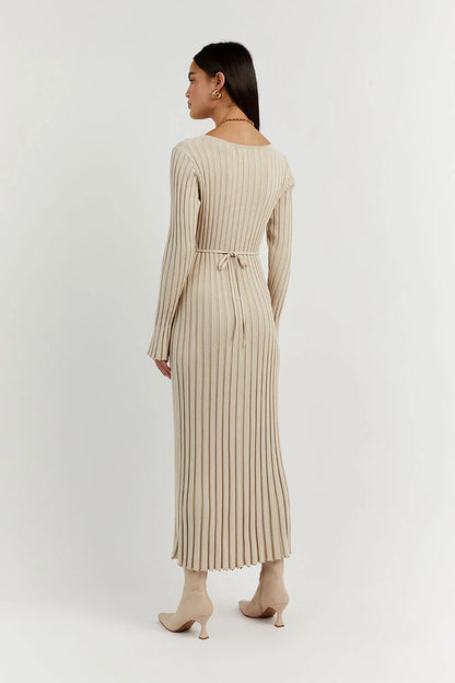 Rib Knit V-Neck Bell Sleeve Lettuce Hem Maxi Dress