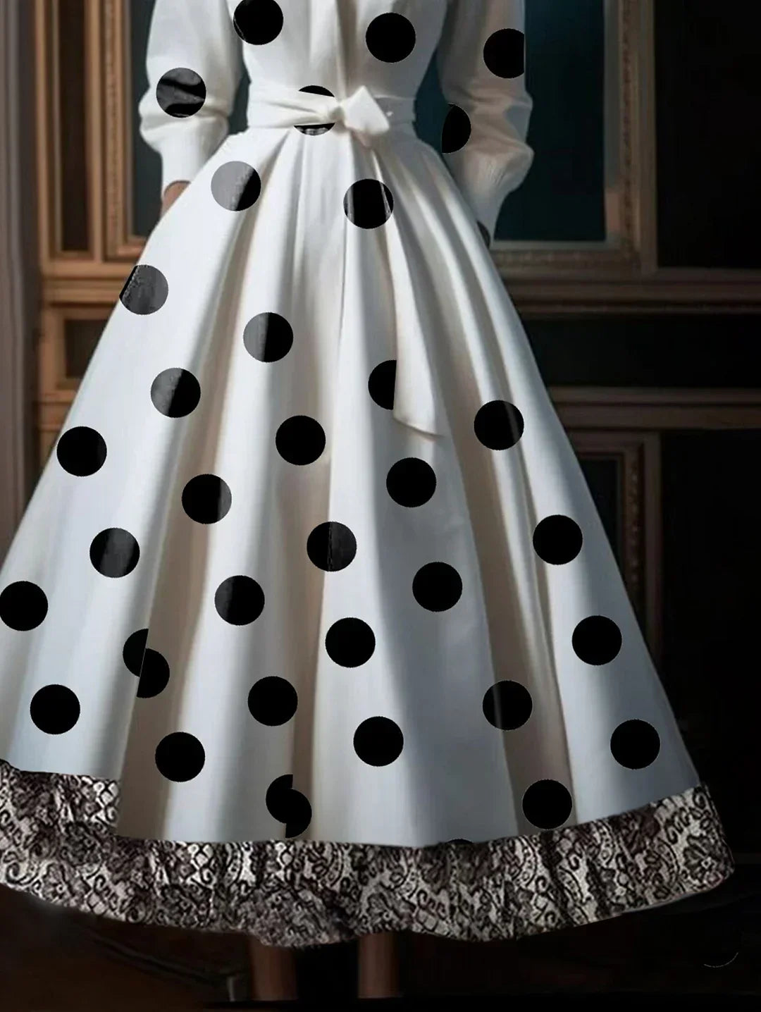 Pointed Collar Long Sleeve Polka Dot Lace Border Shirtwaist Midi Dress