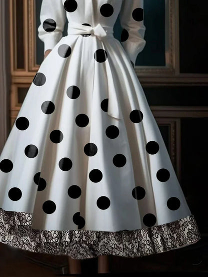 Pointed Collar Long Sleeve Polka Dot Lace Border Shirtwaist Midi Dress