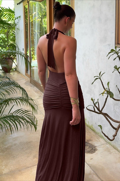 Halter V-Neck Backless Ruched High Slit Party Dress