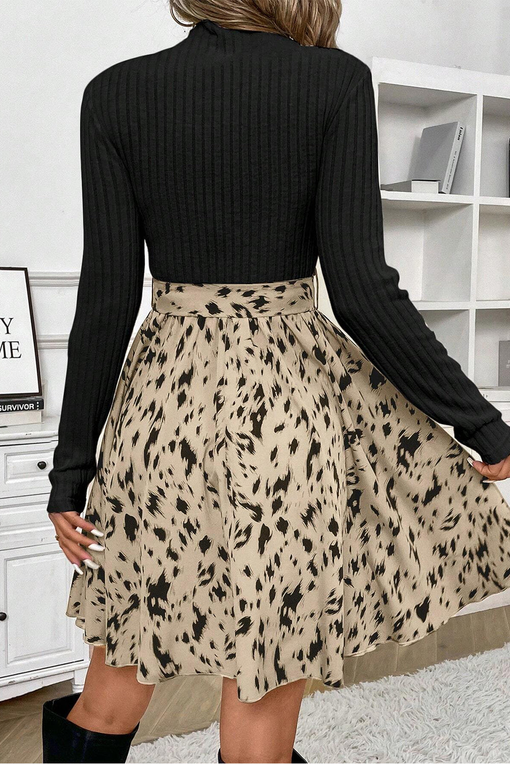 Mock Neck Long Sleeve Rib Knit Print Belted A-Line Mini Dress