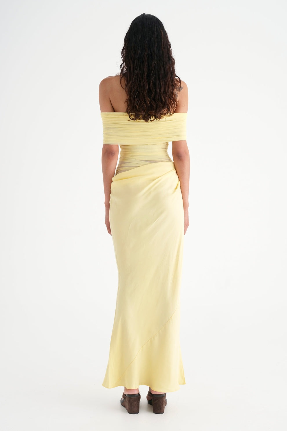 Off Shoulder Ruched Draped Mesh Panel Asymmetric Maxi Gown
