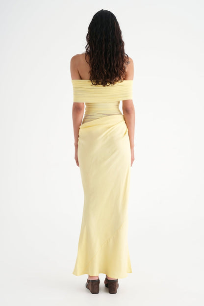 Off Shoulder Ruched Draped Mesh Panel Asymmetric Maxi Gown