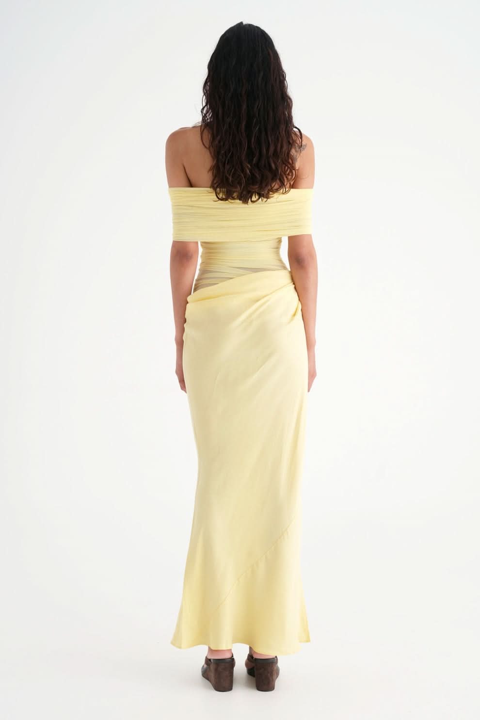 Off Shoulder Sheer Ruched Panel Draped Waist Maxi Gown