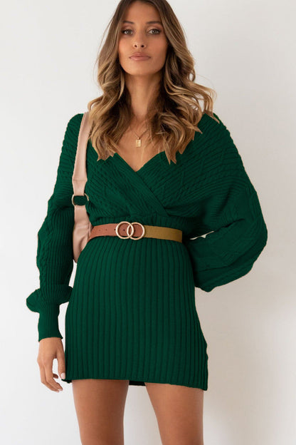 Cable Knit V-Neck Bodycon Midi Dress