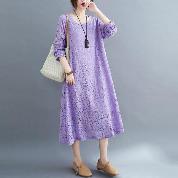 Round Neck Three Quarter Sleeve Floral Lace Overlay Shift Midi Dress
