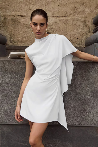 Mock Neck Asymmetric Draped Cape Panel Mini Dress
