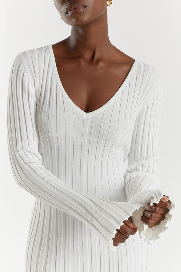 Rib Knit V-Neck Bell Sleeve Lettuce Hem Maxi Dress