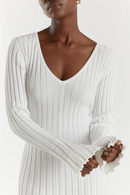 Rib Knit V-Neck Bell Sleeve Lettuce Hem Maxi Dress