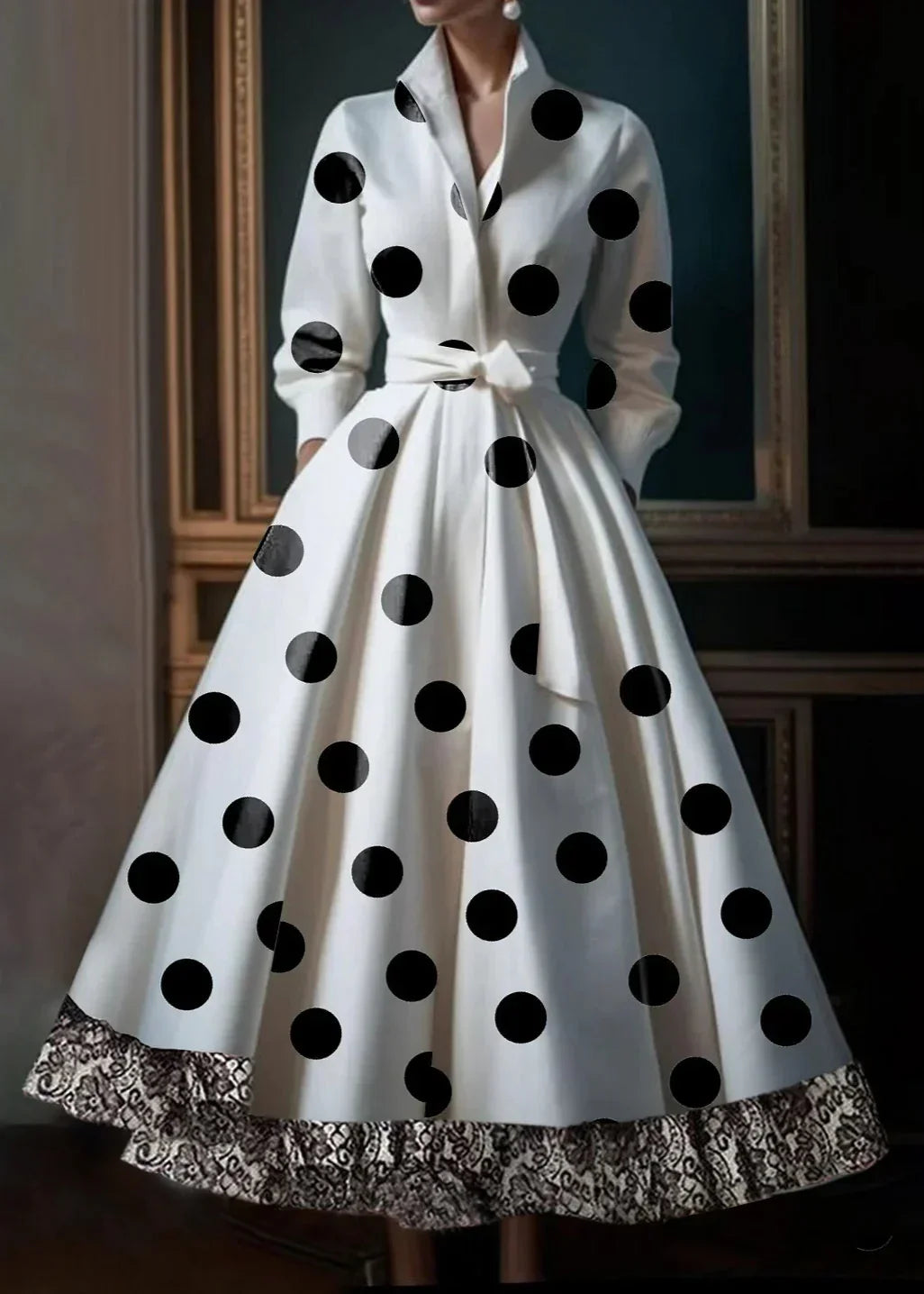 Pointed Collar Long Sleeve Polka Dot Lace Border Shirtwaist Midi Dress